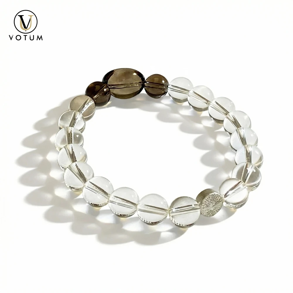

Votum Natural Clear Quartz Smoky Quartz Beaded Bracelet for Women Man White Crystal Bracelets Silver Tree of Life Charm Jewelry