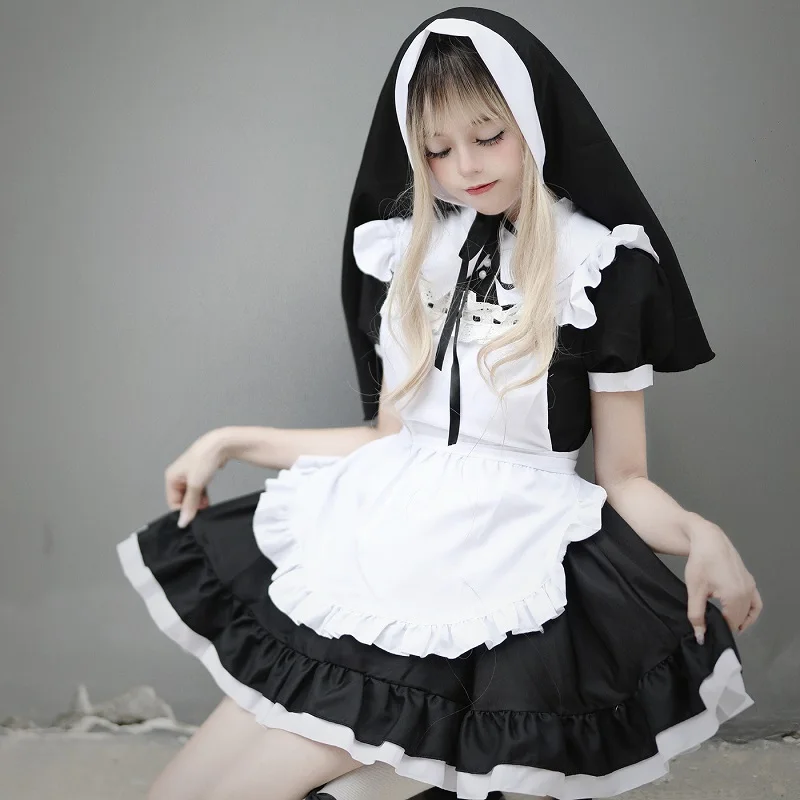 Cute Girl Anime Nun Cosplay Maid Uniform Lolita Short Sleeve Black Dress with Apron Headwear Suit for Waitress Maid Party Stage