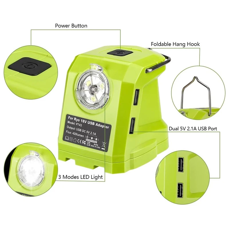 Dual-USB-Adapter für Ryobi 18V Batterie p108 p109 tragbare Stromquelle mit 420lm LED Arbeits licht Taschenlampe für Camping im Freien