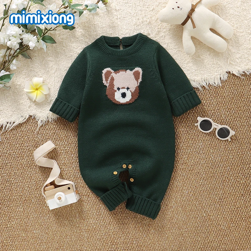 

Baby Rompers for Newborn Boys Autumn Winter Green Full Sleeve Knitted Infant Toddler Bear Jumpsuits Clothes One Pieces Playsuits