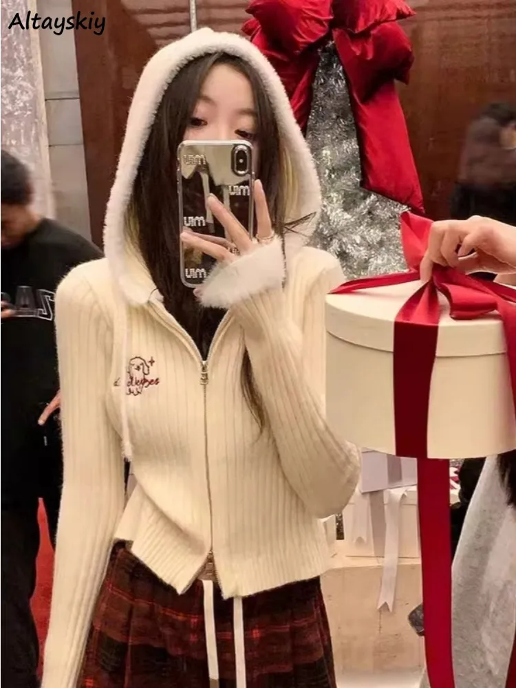 

Cardigans Women Hooded Soft Warm Slimming Zippers Autumn Winter Knitted Sweaters Korean Style All-match Trendy Apricot Ins Sweet