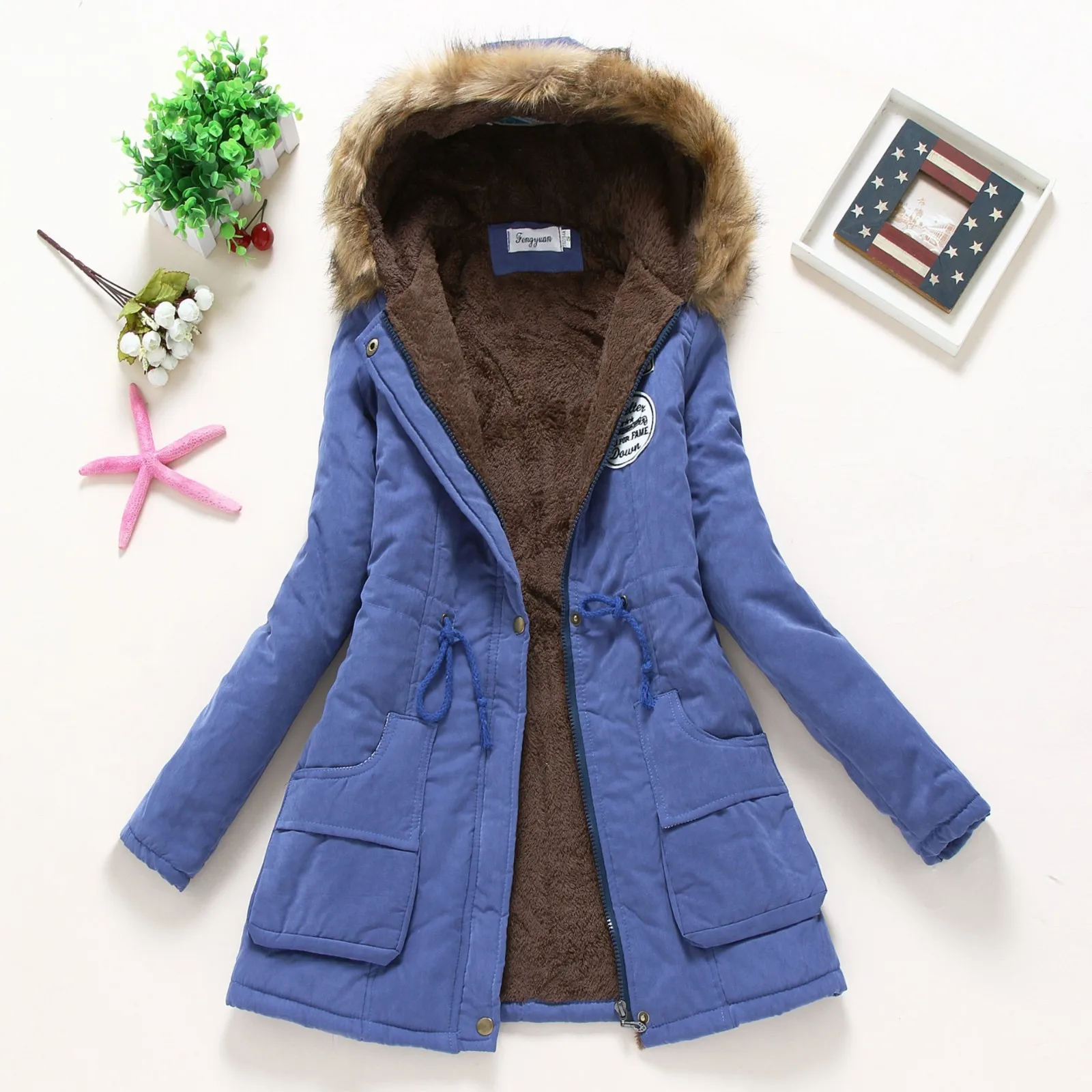 Fashion Retro Mid Length Overcoats Women's Lambswool Lined Warm Drawstring Waist Thickened Jacket Windproof Trench Parkas