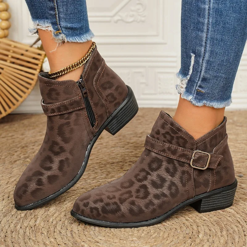2026 New Ankle Boots Women High Heels Women Shoes Track Design Leopard Print Shoes for Women Thick Pointed Fashion Western Boots
