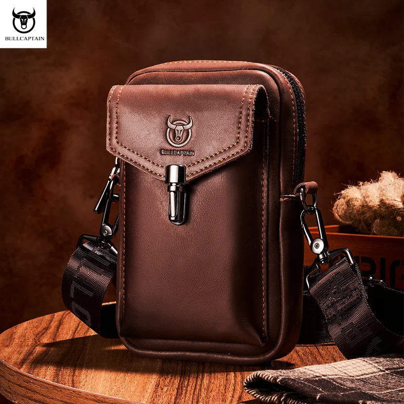 BULLCAPTAIN Crazy Horse Leather Men\'s Waist Bags Multifunctional 7-inch Mobile Phone Bag Bag Male Shoulder Messenger Bages Brown