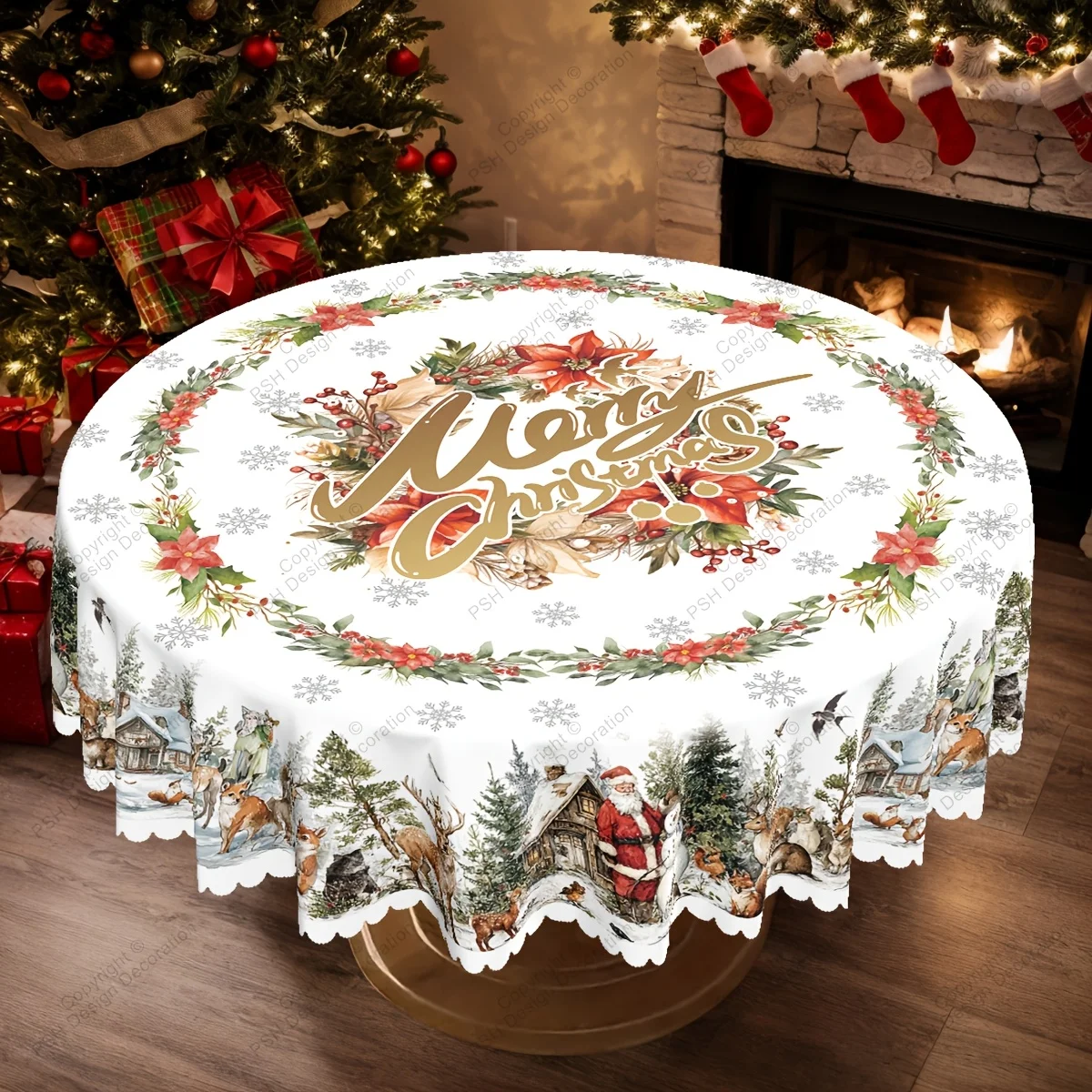 Christmas and New Year themed tablecloth, Santa Claus snowman Christmas tree, birds, squirrels, reindeer, winter snow tablecloth