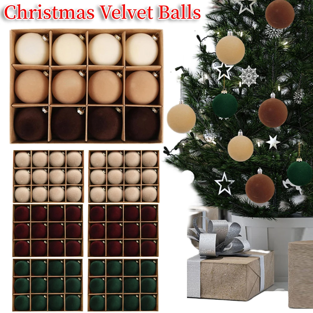 

12Pcs Christmas Velvet Ball Hanging Balls Ornaments Shatterproof Xmas Bulbs Decorations 6cm Holiday Baubles for Wedding Party