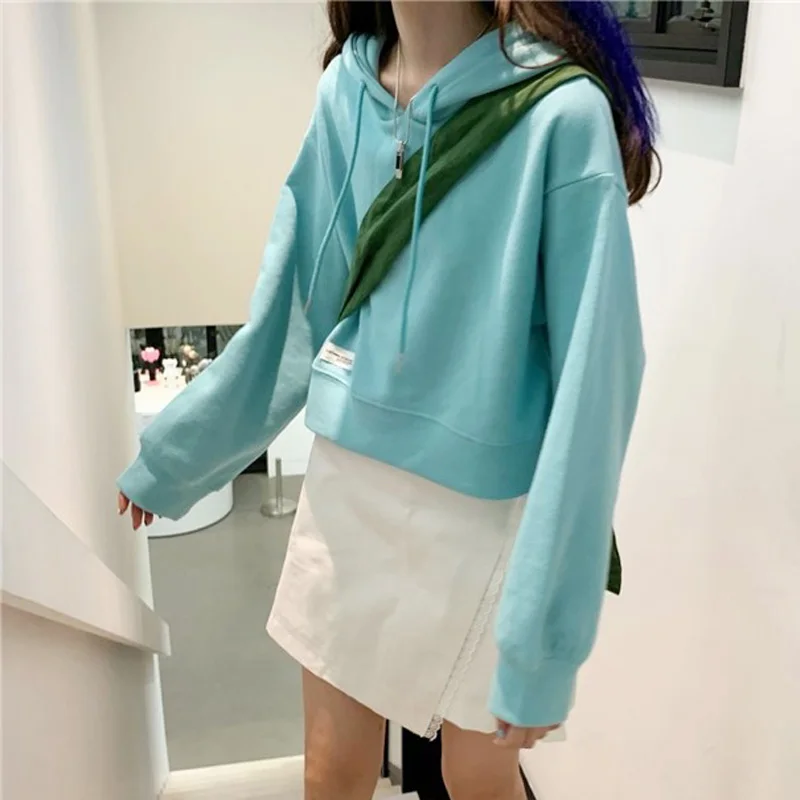 

ort Baby Blue Hoodie Women's High Waist Slim Candy Color Spring Autumn Student Cotton Long Sve Loose Fit Commute Sle