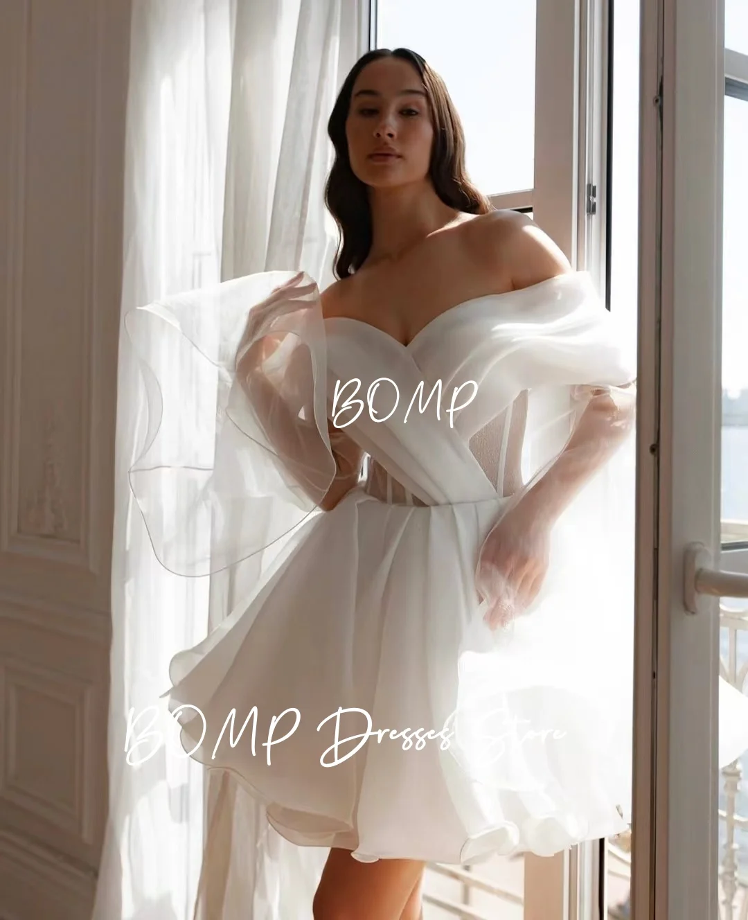 ZHIO 우아한 오프 숄더 아이보리 웨딩 파티 드레스 플리츠 A라인 오간자 리본 특별 행사 프롬 가운 맞춤 제작