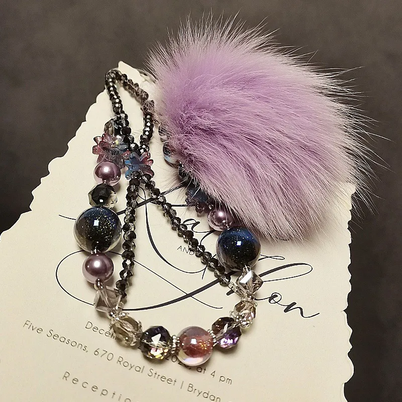 

New Autumn Winter Fox Hair Ball Starry Sky Crystal Pendant Phone Chain Phone Hanging Rope Short Handheld Chain Phone Accessory