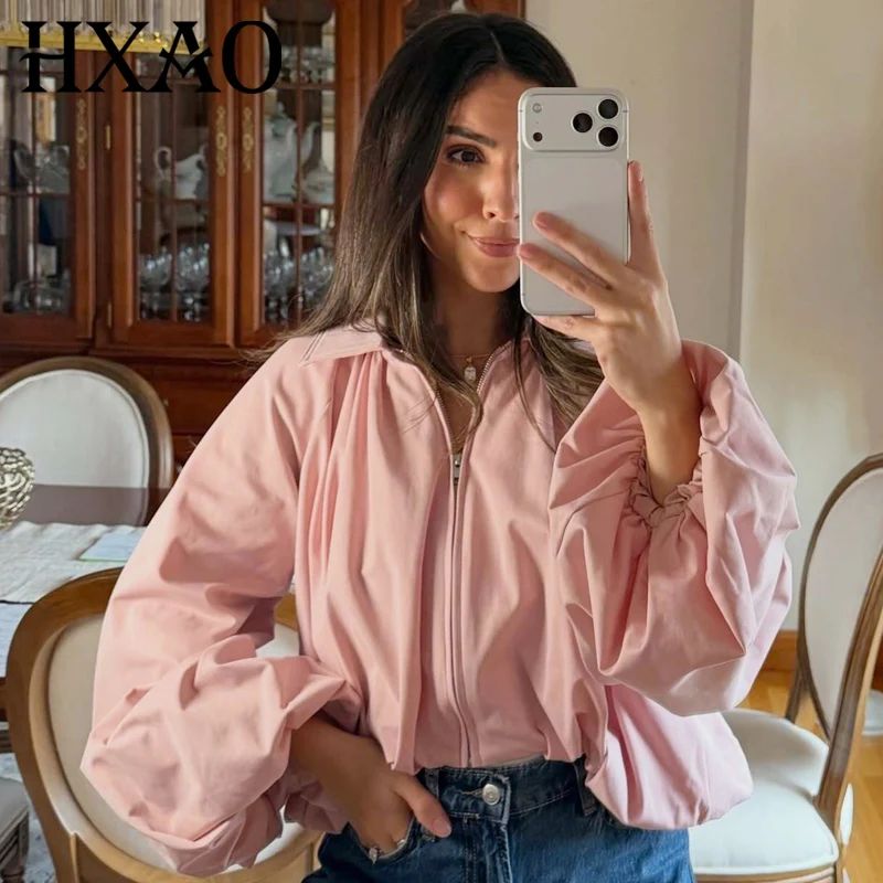 HXAO Oversized Cropped Mantel Damen Bomberjacke Frühling Herbst 2026 Elegante Langarm-Reißverschluss-Oberbekleidung Schicke High-Street-Jacken