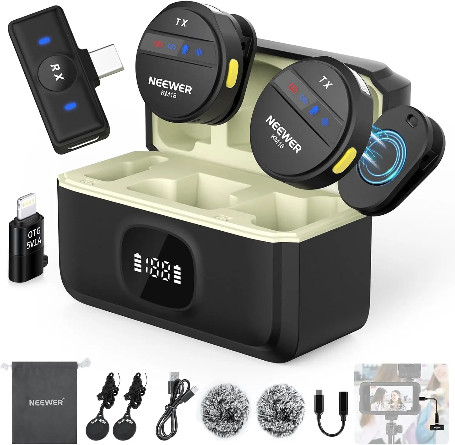 

NEEWER Wireless Lavalier Microphone System Compatible with iPhone Android Phone PC Laptop Computer, Noise Cancelling Mini Lapel