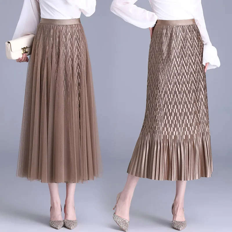 Elegante saia de malha feminina, cintura alta, camadas plissadas, tule, midi, boho, coreano, primavera, verão, novo, 2022