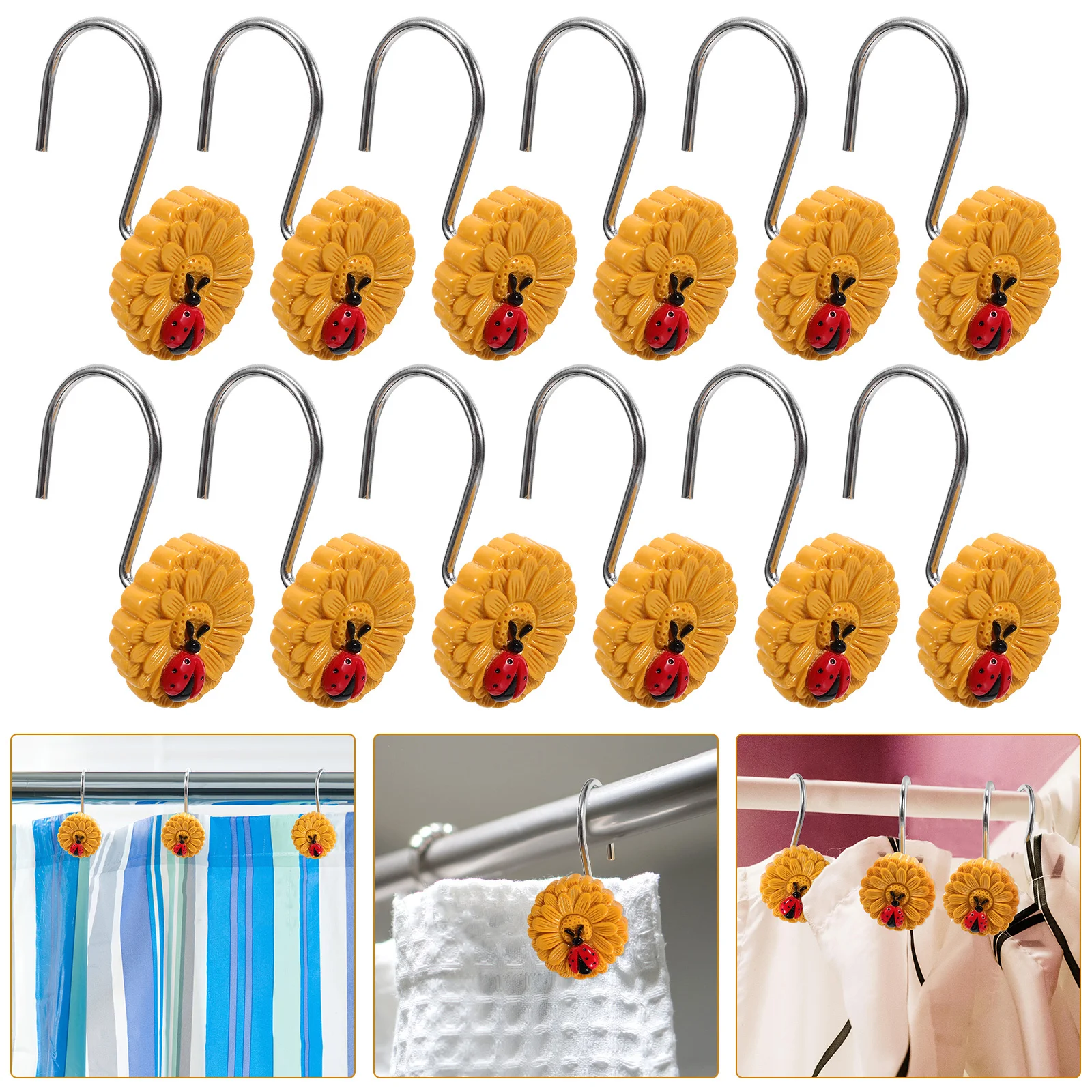 

12Pcs Sunflower Ladybird Shower Curtain Hooks Decorative Rings Bathroom Bedroom Living Room Sunflower Curtain Hook