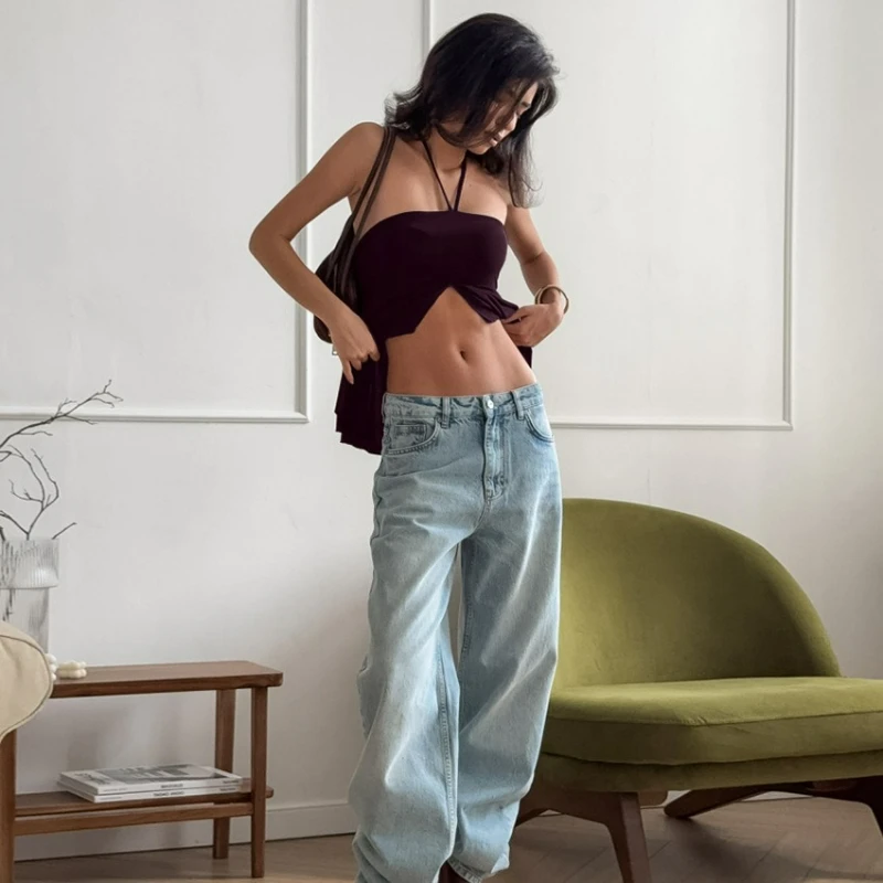 European and American Retro Style Pure Sensual Brown Halter Top with Slit 2026 Summer New Fashion Cross-border Women's Wear