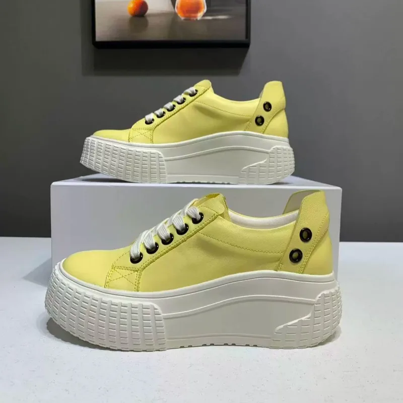 Genuine Leather Casual Shoes Women Sneakers New Spring Height-increasing Platform Skate Shoes Lightweight Lace-up White Shoes