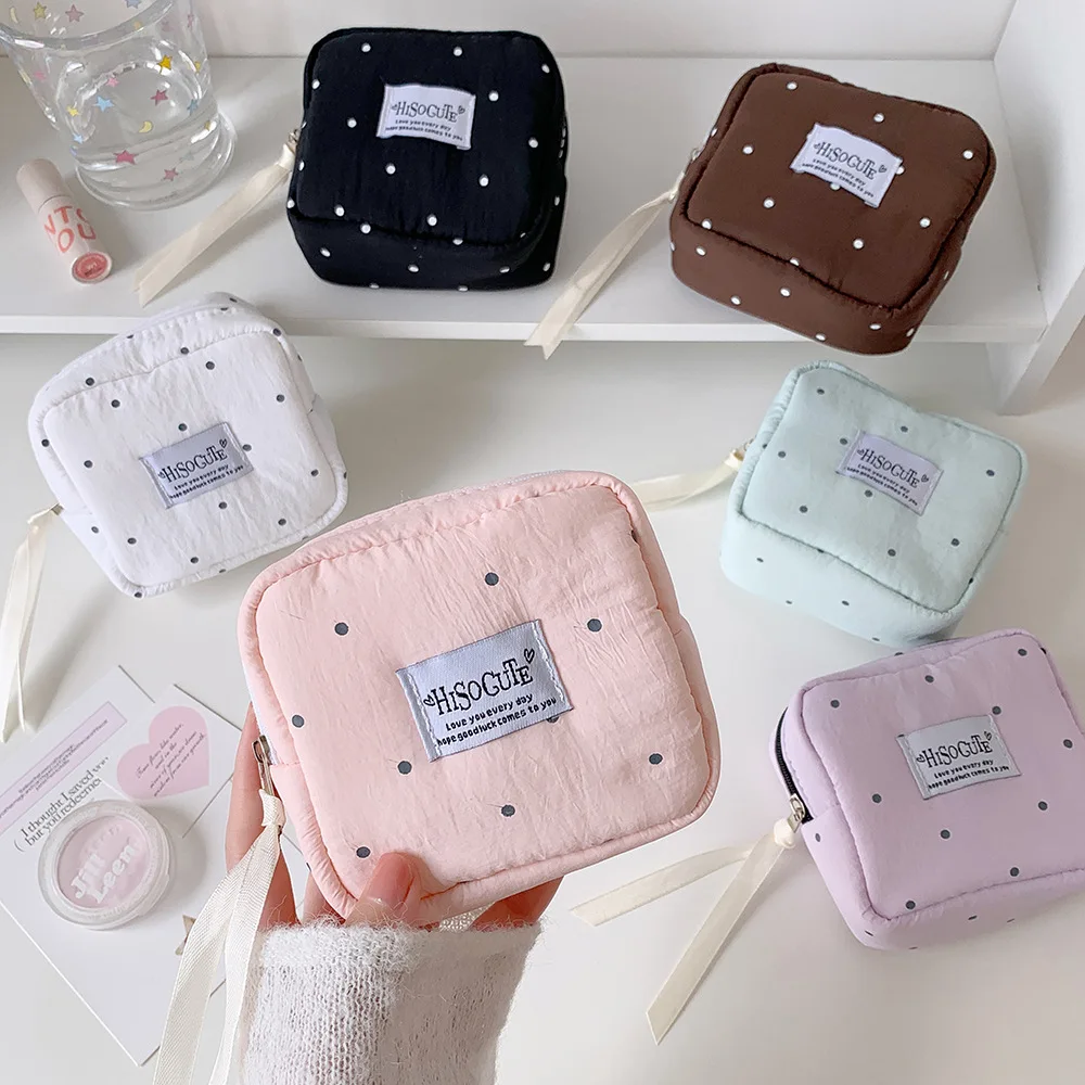 Polka Dot Solid Square Cosmetic Bag Girl Portable Small Lipstick Pouch Student Simple Sanitary Napkin Storage Bag
