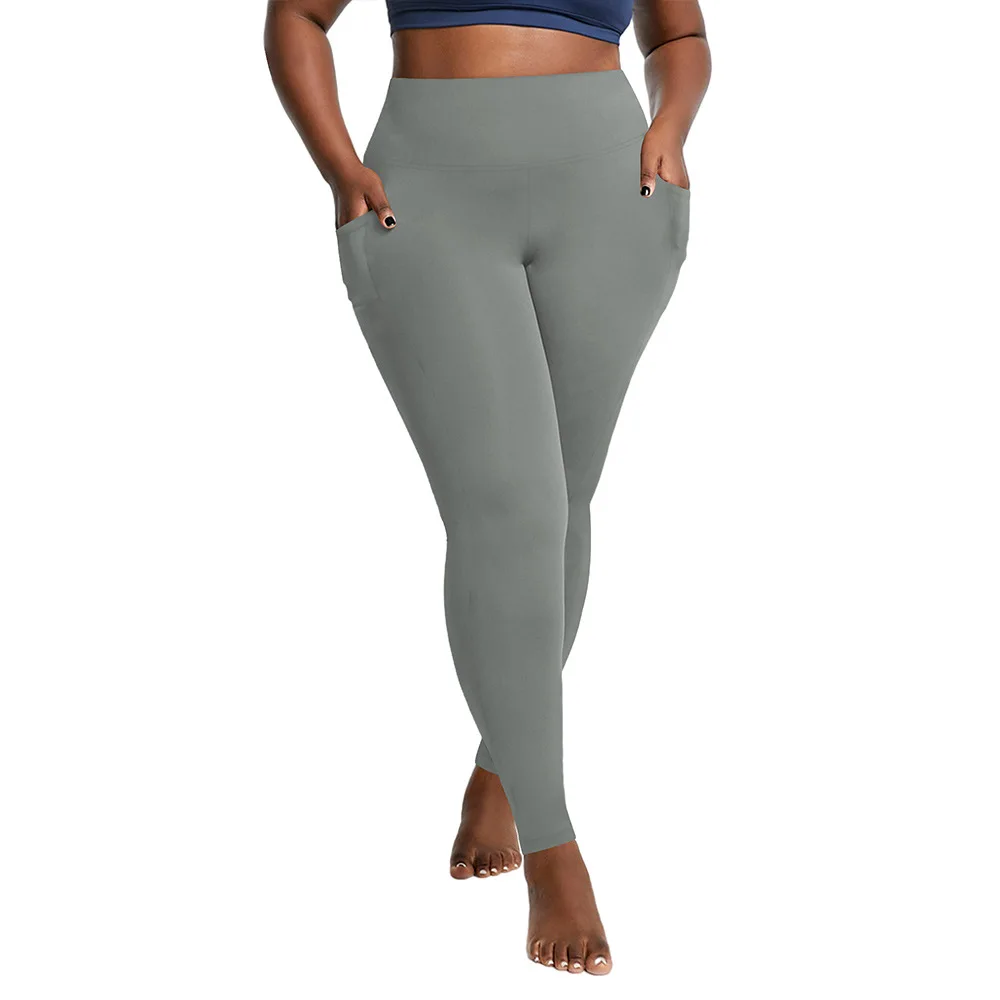 �Damen-Yoga-Leggings in Übergröße mit hoher Taille und Taschen | Bauchkontrollierende, hüftbetonte Workout-Strumpfhose in einfarbigen Farben für das Fitnessstudio – Detail 10