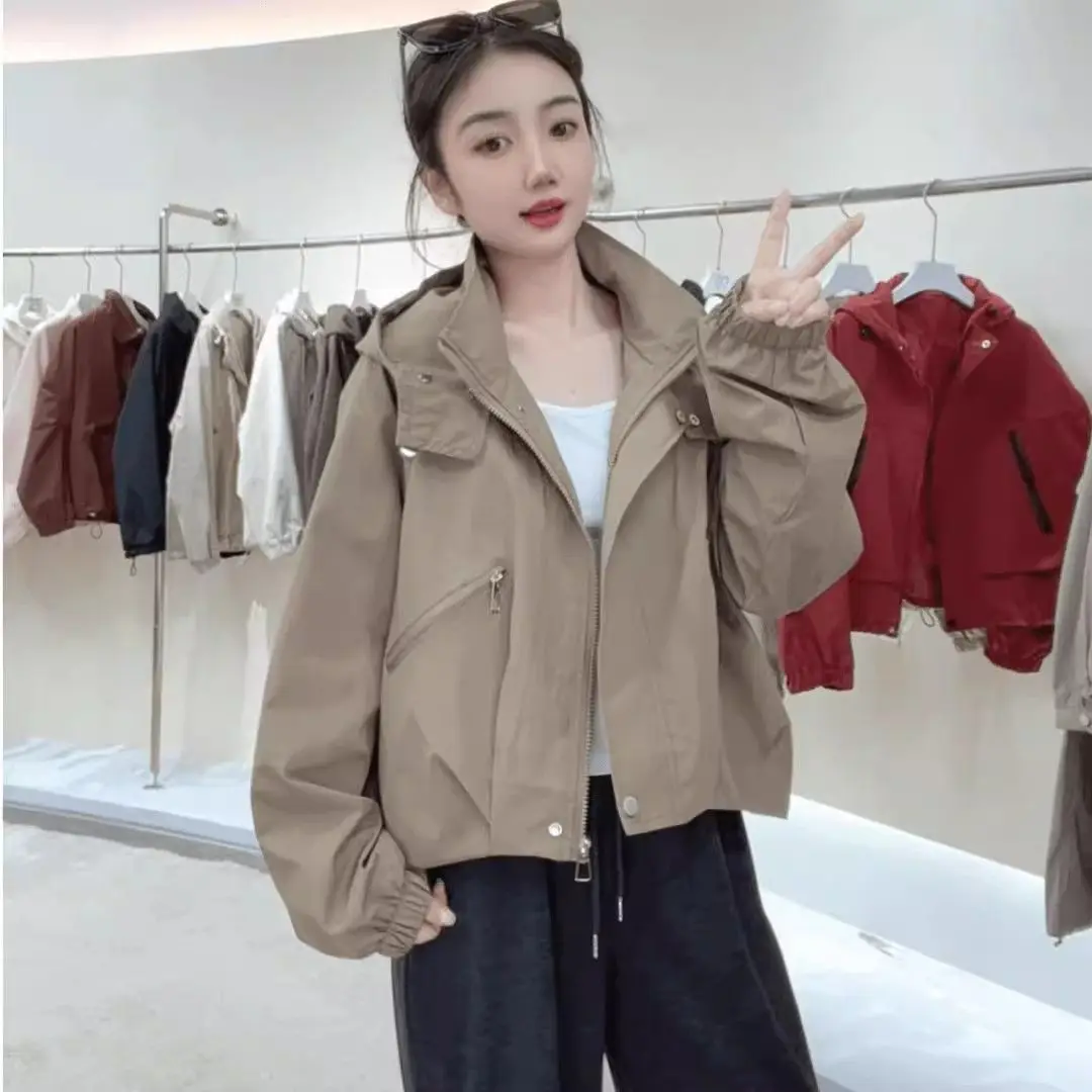 Jaqueta solta com capuz casual casaco ao ar livre manga longa à prova de vento ao ar livre carga de ferramentas, topo curto, nova moda, outono, 2026