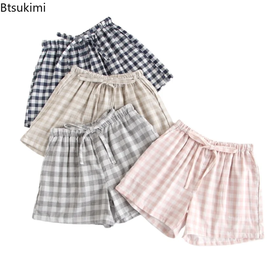 

Пижамы для пар, летние хлопковые марлевые шорты в японском стиле, простые повседневные брюки с эластичной резинкой на талии, большие размеры, мужские и женские домашние брюки