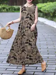 ZANZEA Summer Fashion Beach Sundress Bohemian Floral Printed Dress Female O-Neck Sleeveless Cotton Vestidos Elegant Holiday Robe