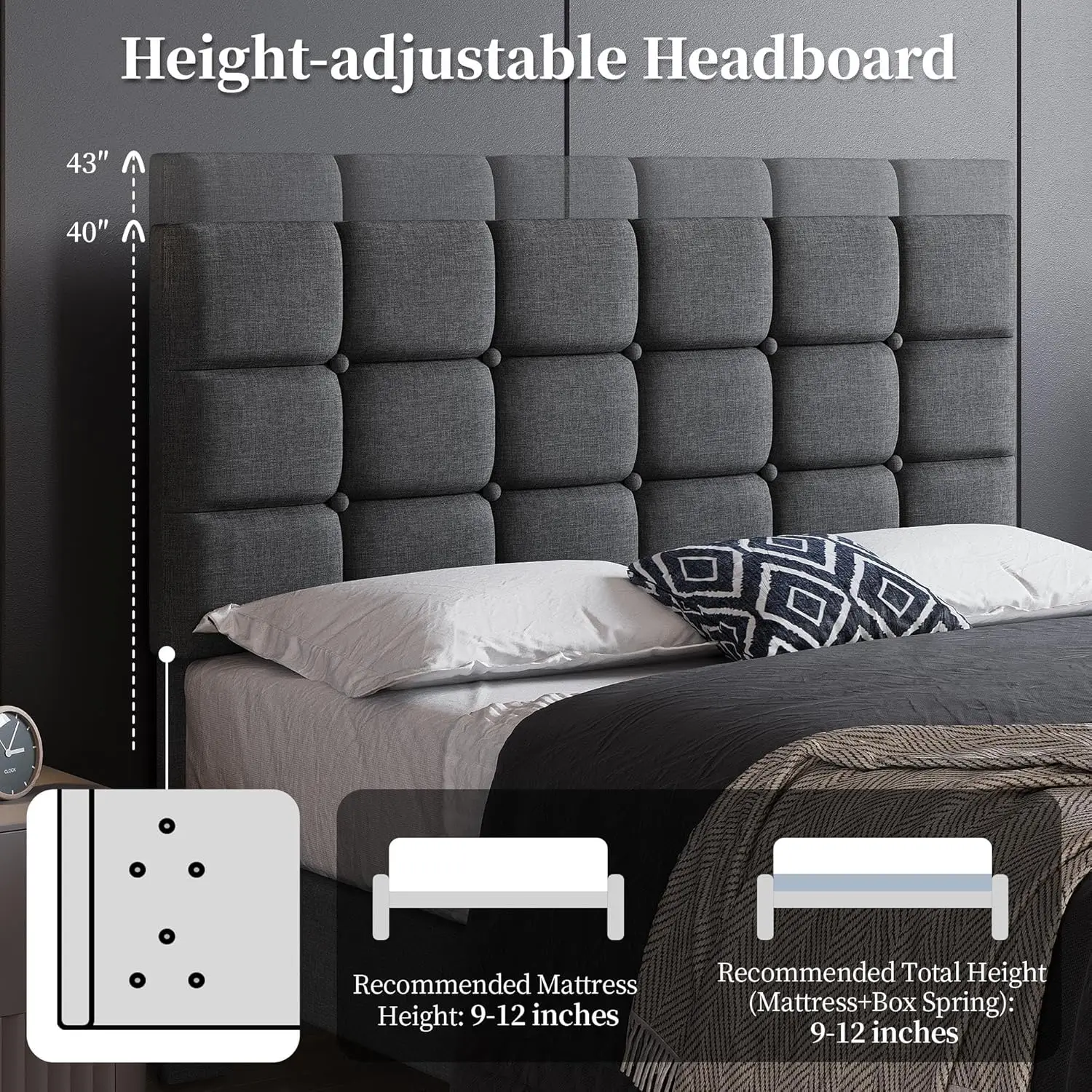Square Stitched&Button Tufting Headboard Height Adjustable, Wooden Slats Support, No Box Spring Needed, Full Size, Dark Gray