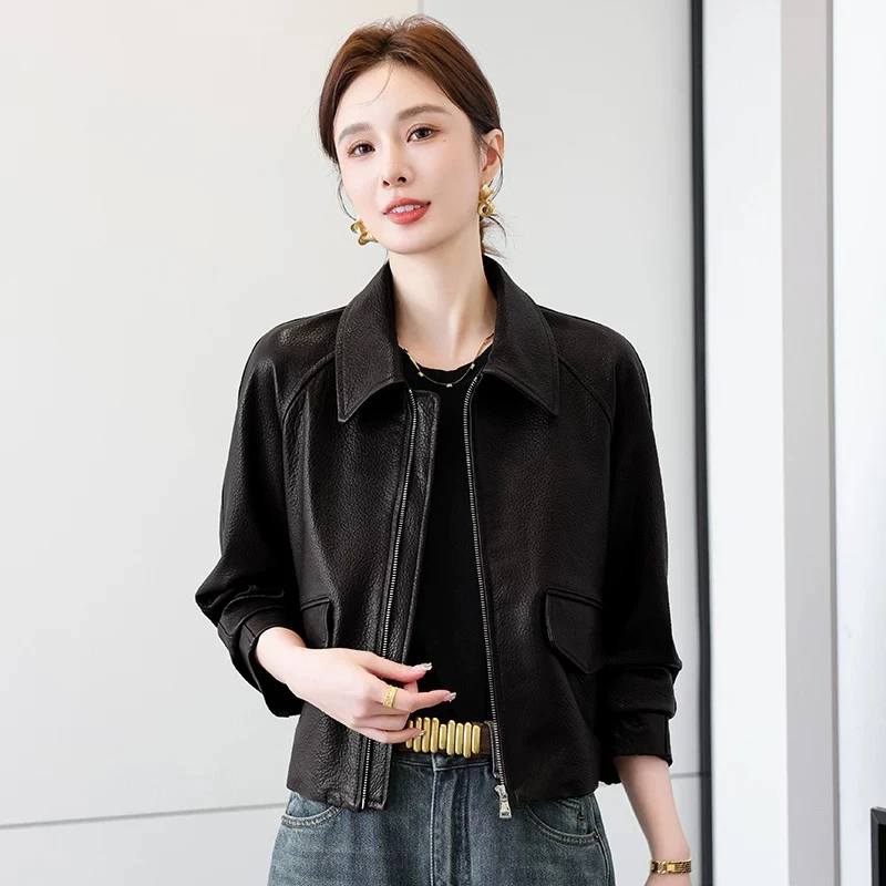 2025 Wiosenna damska czarna kurtka z prawdziwej skóry owczej