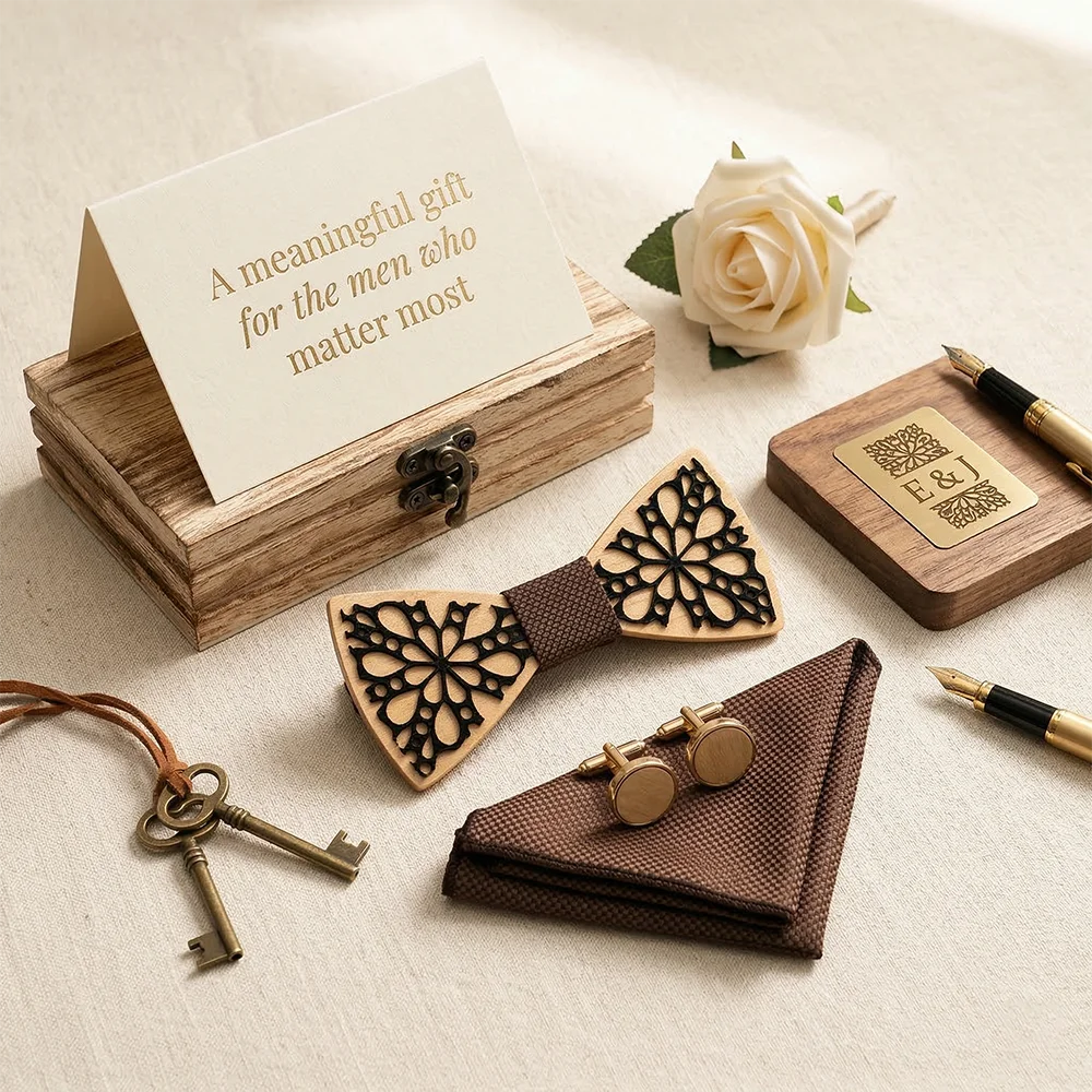 Wooden Bow Tie Set for Men Floral Cutout Dark Wood Pattern Wedding Bowtie Cufflinks Brown Pocket Square Gift Box Formal Party