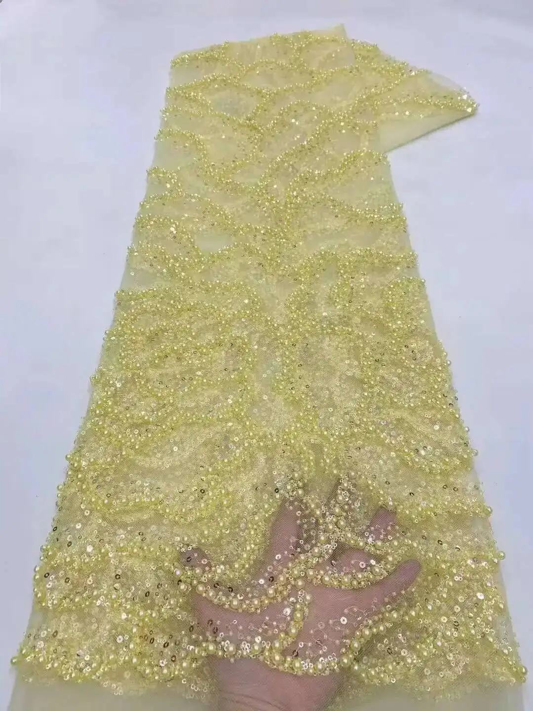 

2025 High Quality French Groom Embroidery Sequins Lace Fabrics Luxury African Beads Lace Fabric For Christmas Sewing