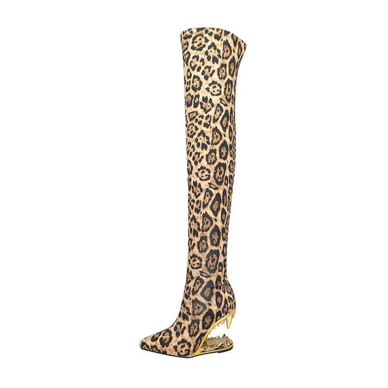 Metal Tiger Teeth Over Knee Boots, Leopard Pattern Slope Heel, Hollow Gold Velvet Side Zipper, Ultra High Heel Fashion Boots