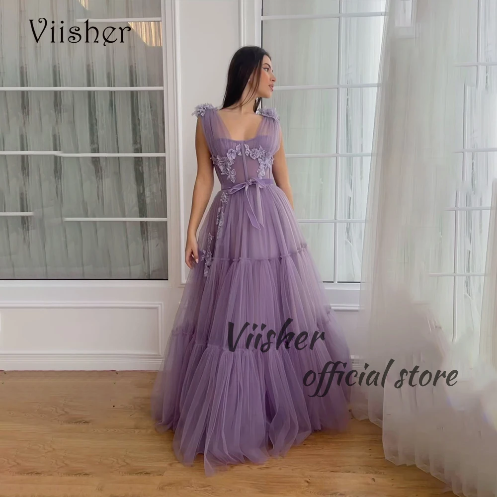 

Lavender Tulle Evening Dresses Flower Appliques A Line Fairy Prom Party Dress Floor Length Graduation Formal Gowns Backless