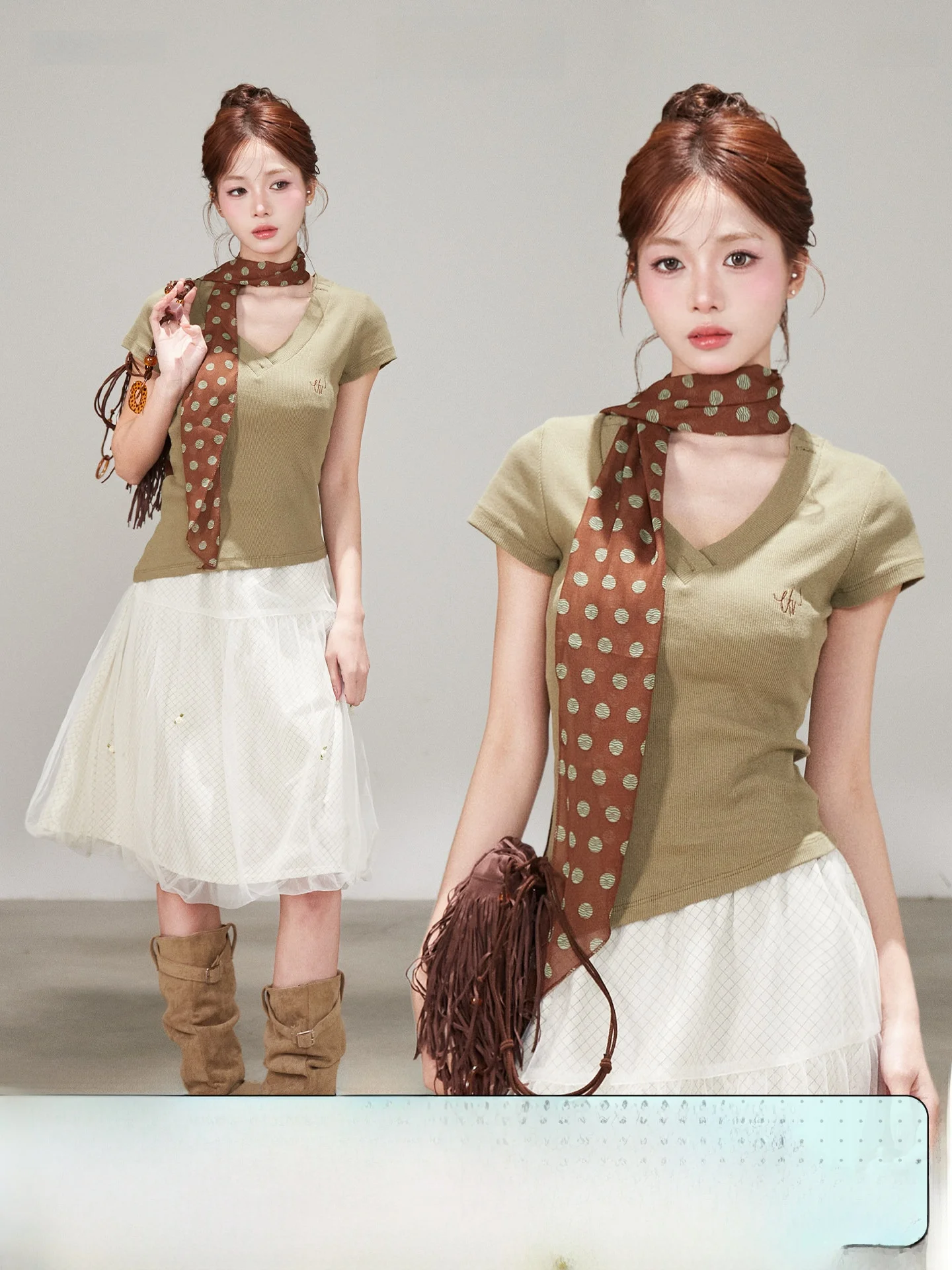 

Sweet Style V-Neck Short Sleeve T-Shirt Women's Polka Dot Scarf Regular Shoulder Slim Fit Asymmetrical Top Breathable Cotton