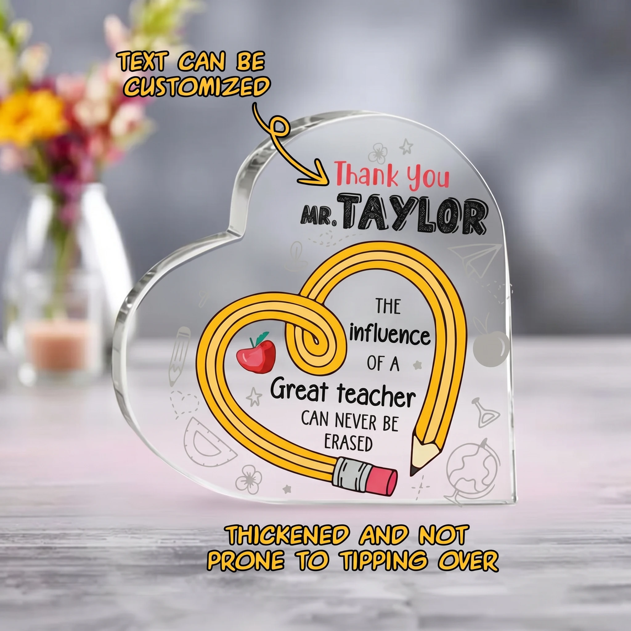 1 statue en acrylique personnalisée en forme de cœur, pour les bureaux des enseignants, cadeaux pour enseignants, rentrée scolaire