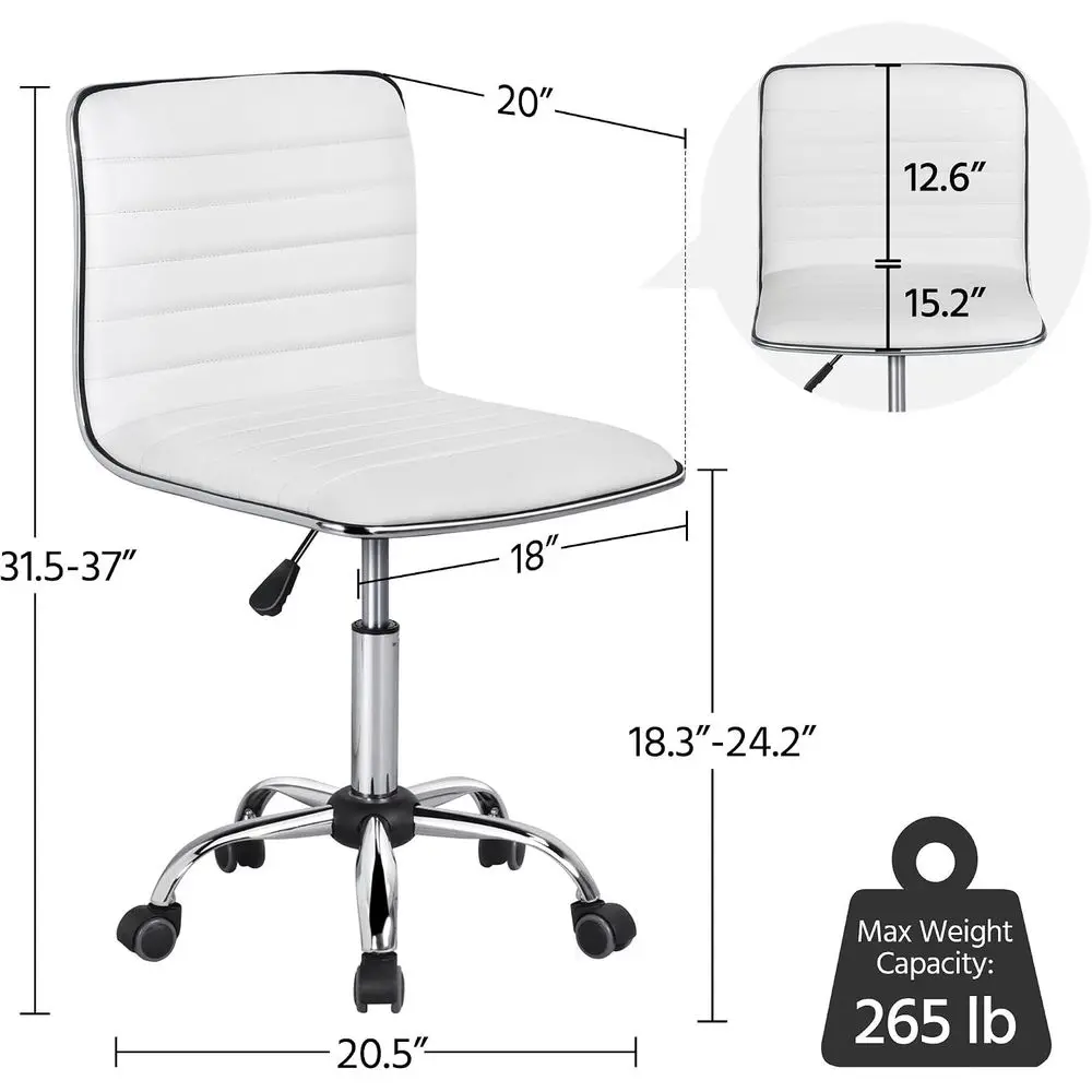 Adjustable Task Chair PU Leather Low Back Ribbed ArmlSwivel White Desk Chair Oice Chair Wheels view 3
