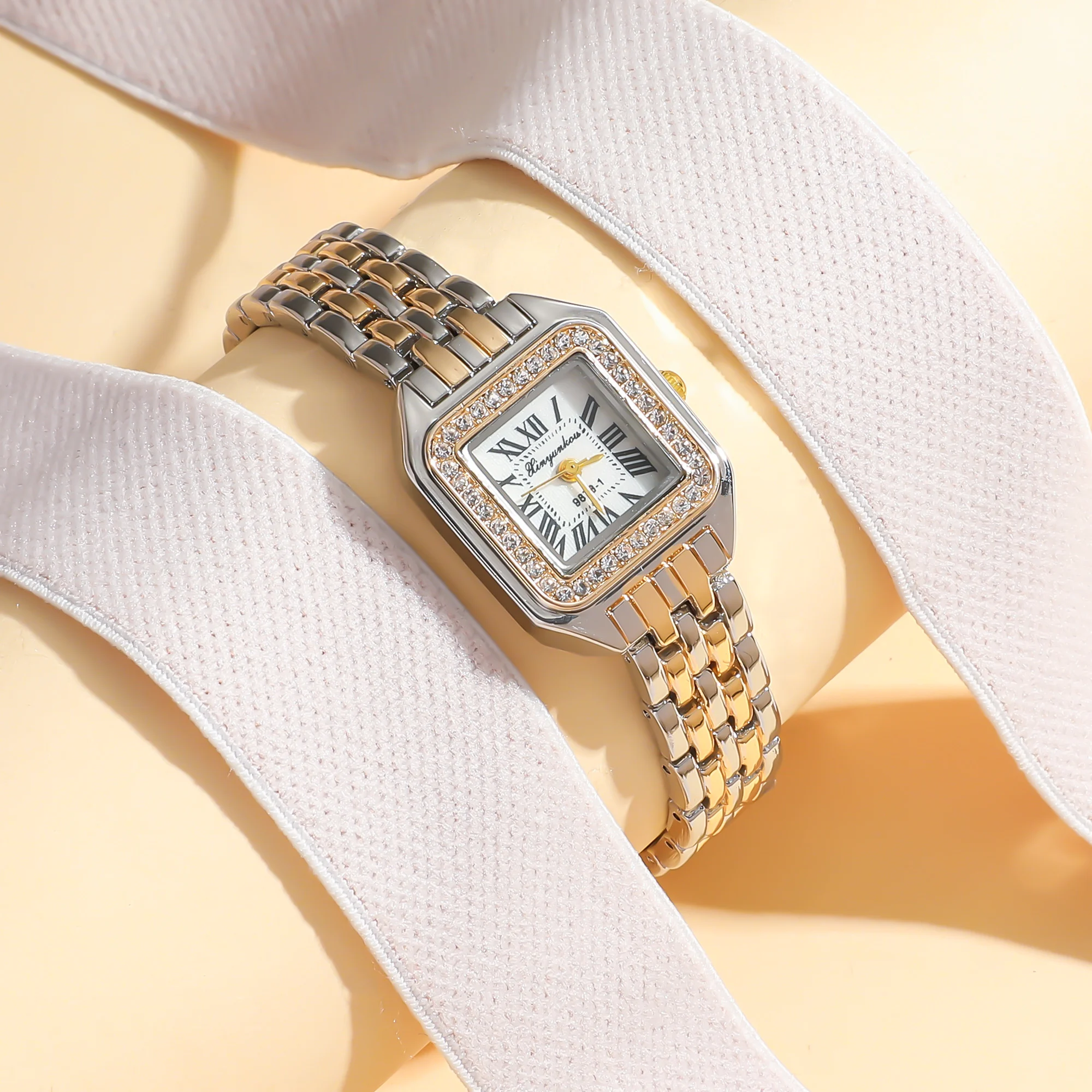 Women Fashion Square Roman Dial Full of Crystals Steel Belt Quartz Watch