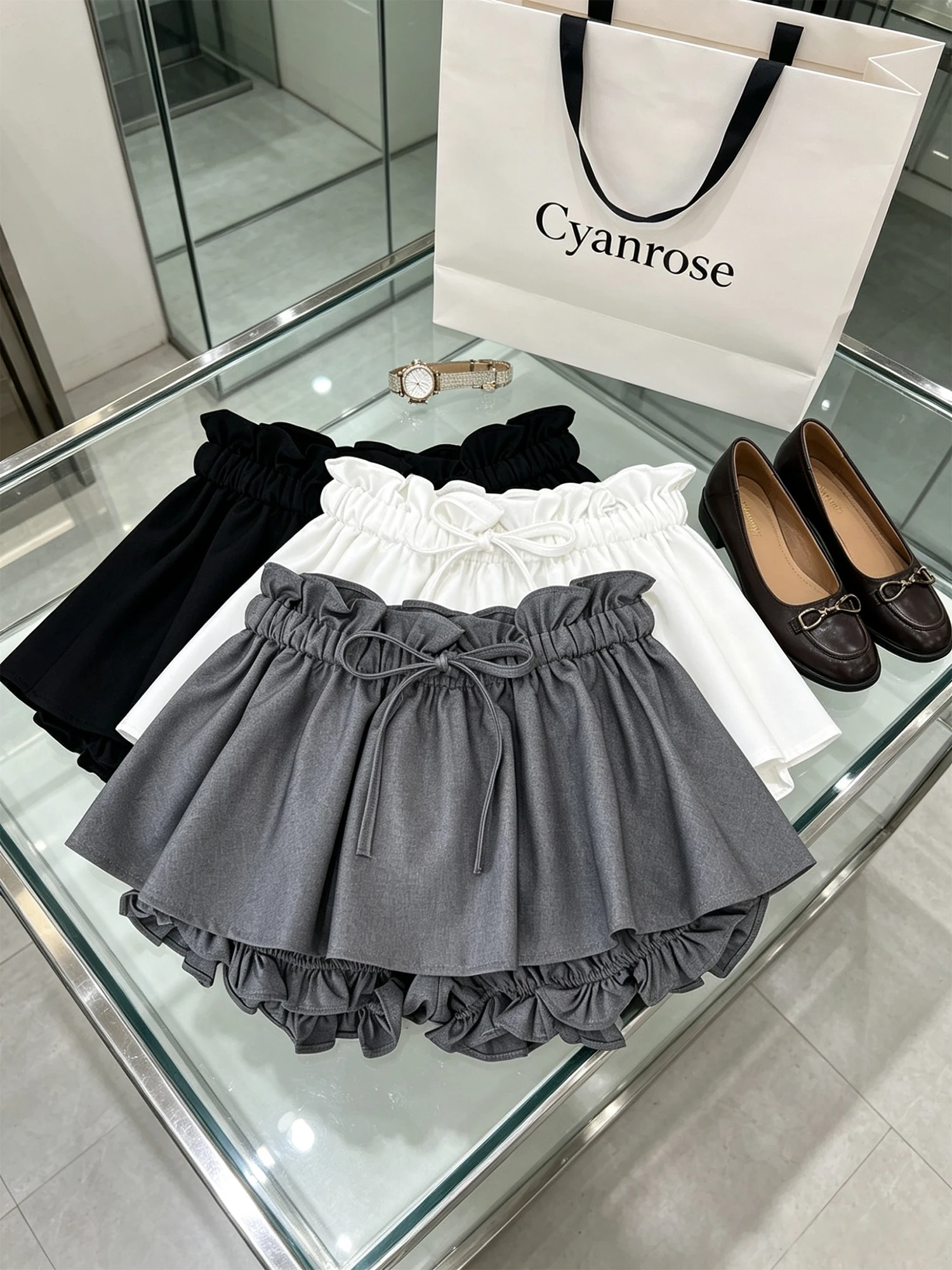 Women's Grey Mini Skirt Y2K Gyaru Skirt Preppy Style Elegant Vintage Ruffled Tie High Waist Flared A-line Skirt for Women Summer