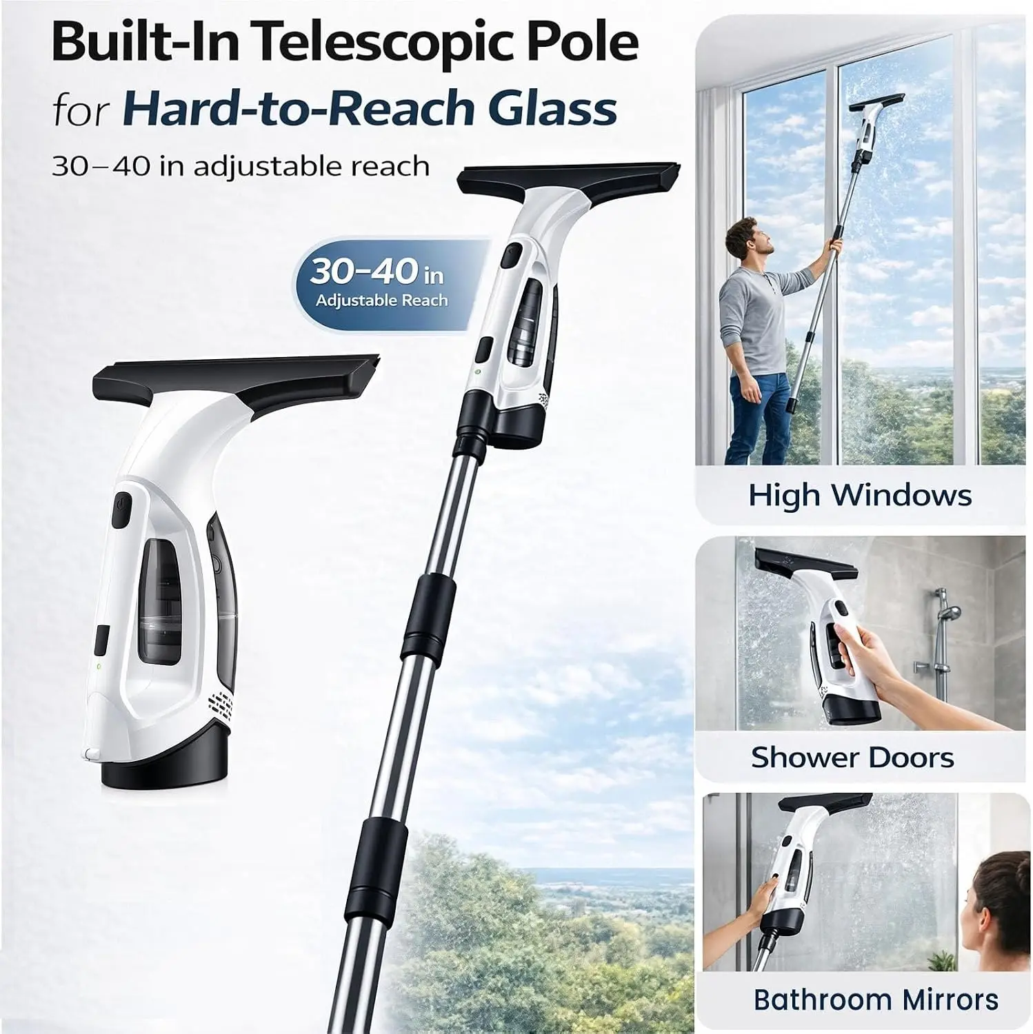 2026 New Upgrade Window Vacuum Squeegee Cordless Electric 2000Pa(White With Rod) | Electric Squeegee 11-inch Blade And 150mL Tan