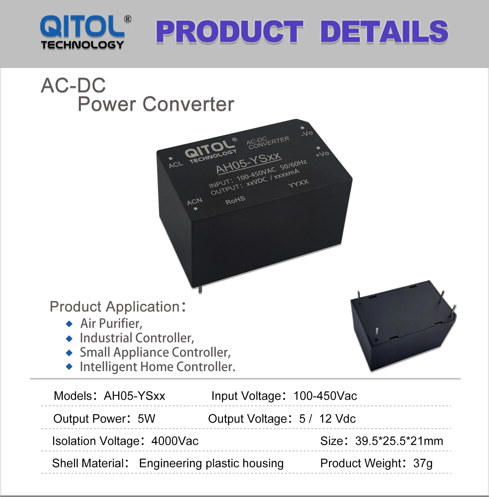 AC-DC POWER CONVERTER 5W AH05-YS12 Switching Supply Step-Down 380V To 12V / 0.42A 420mA AC and DC miniature module