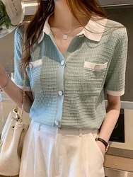 2025Zomer Koreaanse Mode Kleding Korte Mouw Vrouwen T-shirt Turn Down Kraag Groen Vest Vrouwelijke Gebreide Top Camisetas Mujer