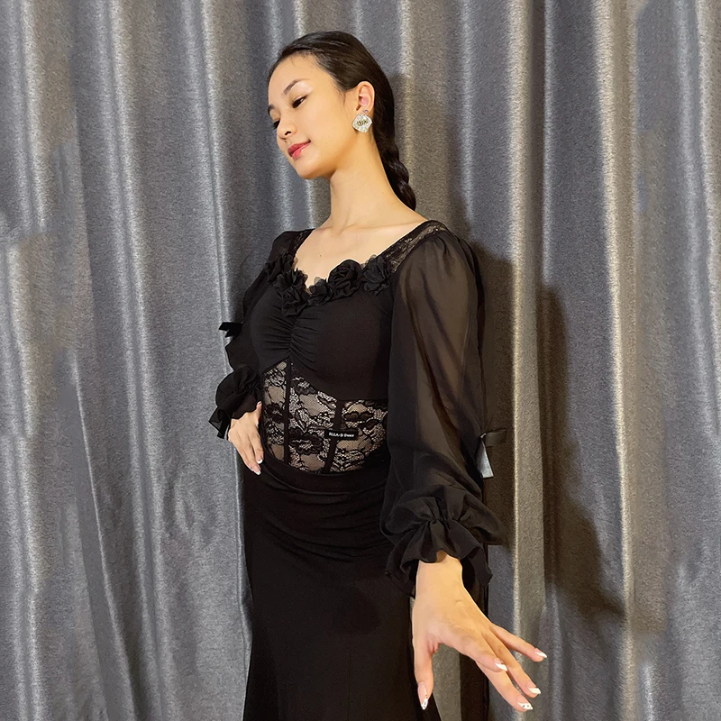 Abiti da ballo da sala Donna Nero Llace Fiore Maglia Maniche a sbuffo Tuta Valzer Abbigliamento da ballo Performance latina Top BL16186