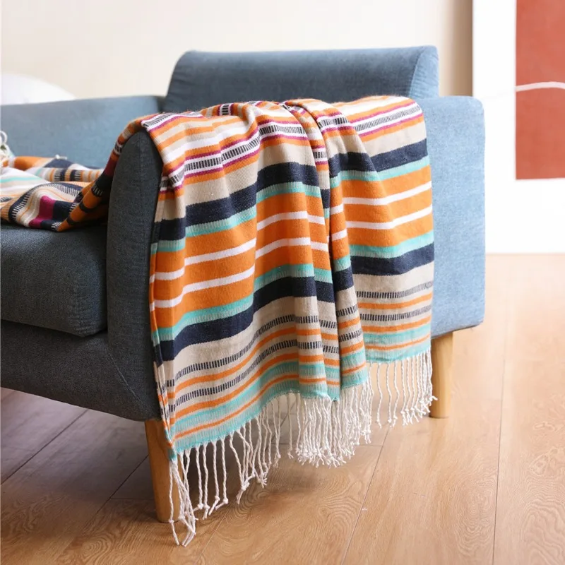 

Nordic tassel knitted blanket boho office Nap air conditioning Bedspread Color stripes large shawl soft sofa leisure blanket