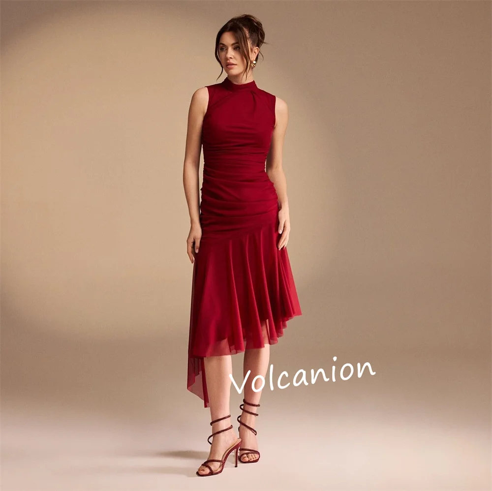 Abiti midi a trapezio con colletto alto e pieghe increspate in chiffon personalizzati Occasioni su misura Taglie semplici ed eleganti disponibili per feste