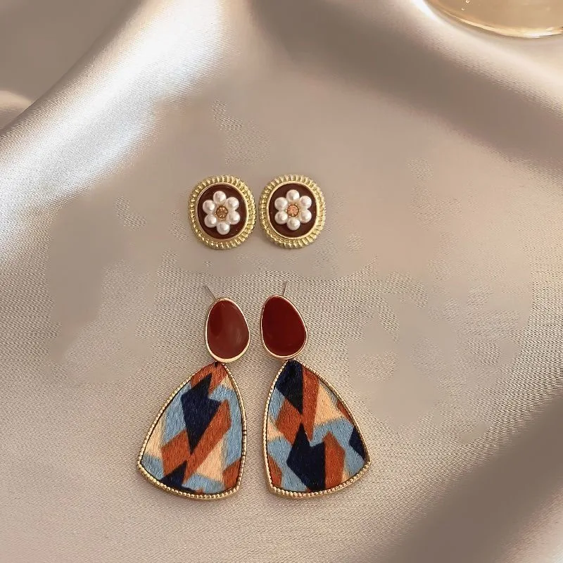 Vintage Dripping Oil Wine Red 925 Silver Neddle Stud Earrings For Women Korean Pearl Flower Heart Geometric Earring Jewelry