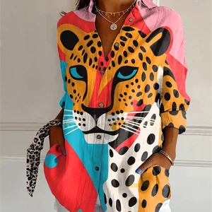 Áo dài với mẫu hổ nữ, nửa xoài, áo in 3D, thời trang châu Âu và Mỹ, mới, mùa hè, 2024 8 Áo sơ mi Tiger bán hàng chính - №4