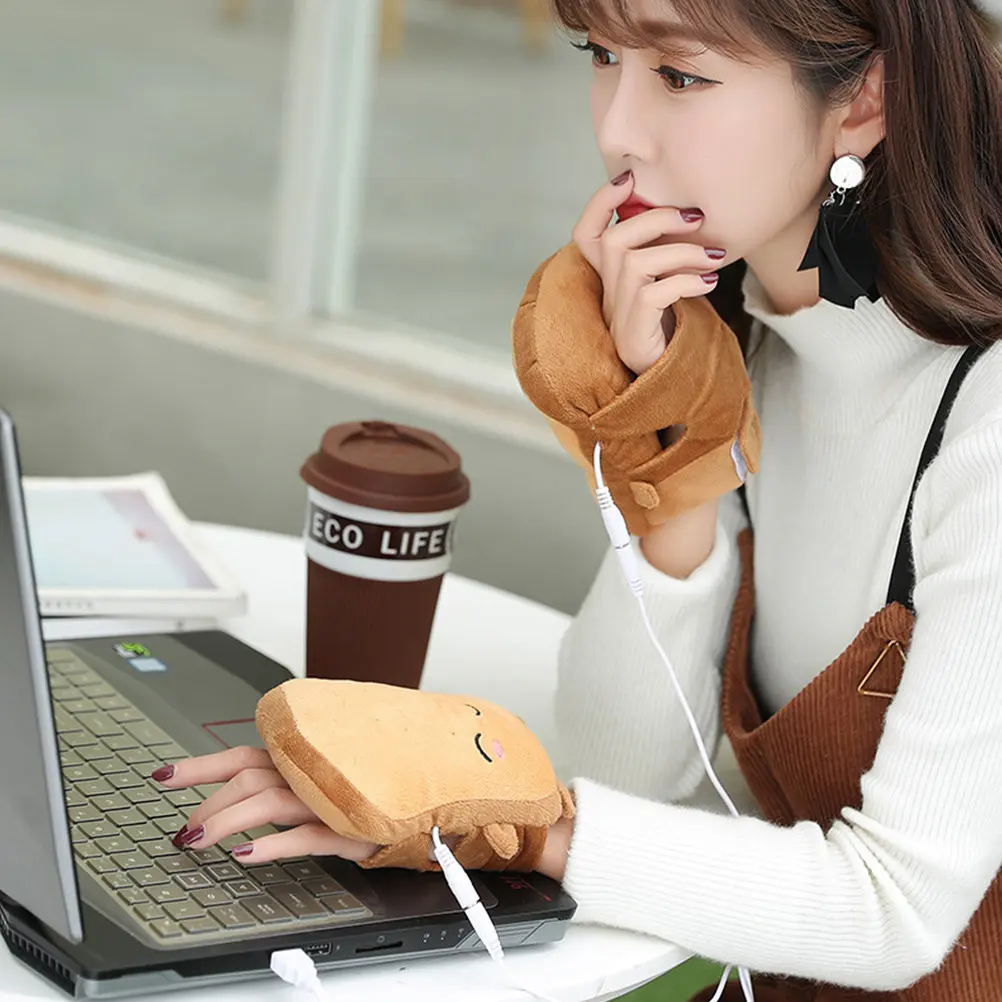 

1Pair Warm Heated Gloves USB Bread Cartoon Design Thickened Winter Gloves Touchscreen Compatible for Skiing Hiking Cycling