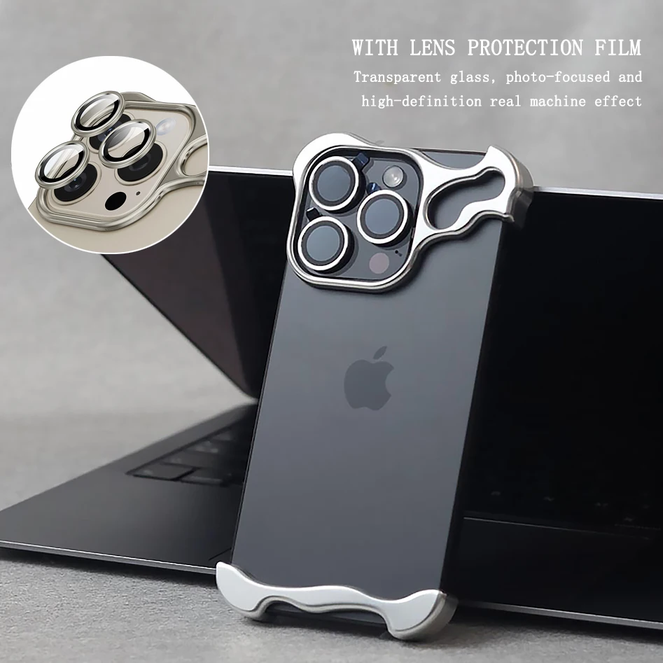 Luxury Alien Titaniun Alloy Bumper For iPhone 15 14 13 Pro Max 15Plus Lens Film Protector Irregular Case Metal Corner Pads Cover