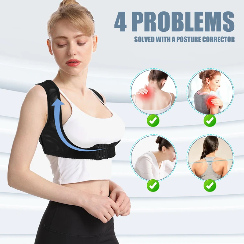 Ladies Women Adjustable Shoulder Back Posture Corrector Chest Brace Support Belt-Black