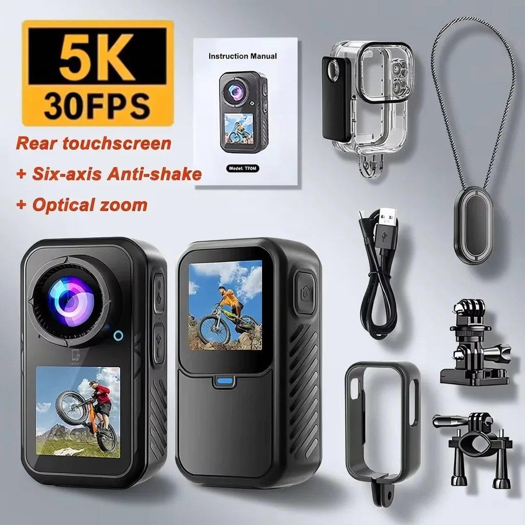Caméra d'action 5K avec écran tactile, 4K 2.7K 60FPS, mini caméra étanche, stabilisation 6 axes, caméra magnétique pour moto et sports