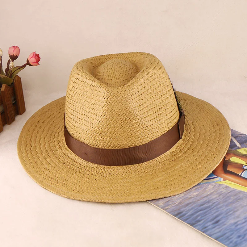 Hot Selling Eaby Hand-knitted Eight-pointed Straw Hat, Popular Feather Style Black Coffee Jazz Hat For Outings And Shopping