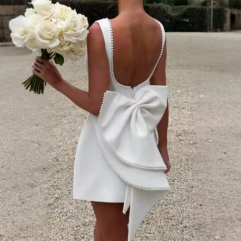 Elegant Pearl Bow Backless Short Dress Women Sleeveless Party Dresses Cute Mini Chic Birthday Evening Y2K Vacation Dress