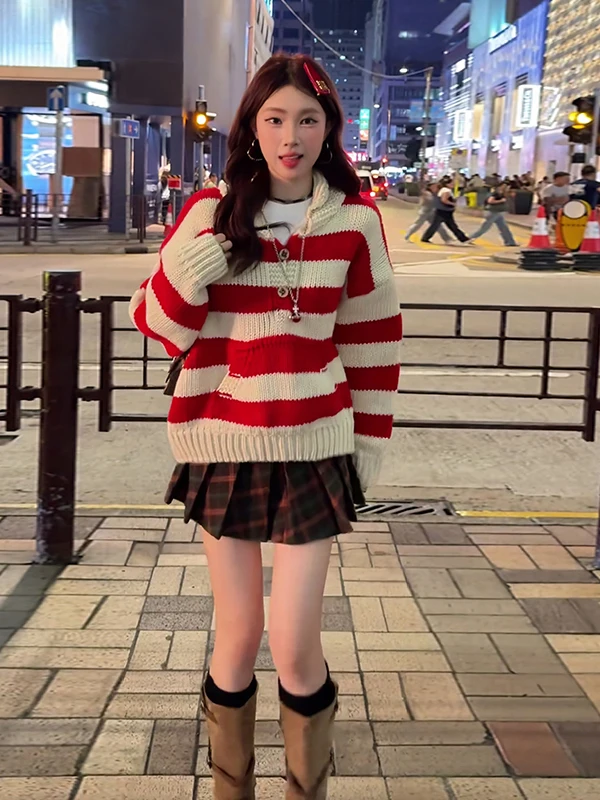 

Осенне-зимний вязаный свитер из тонкой пряжи с красными и белыми полосками, в стиле Cisas, свободного кроя, в корейском стиле...